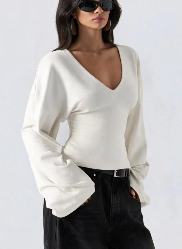 White Elegance Women's Blouse with V-Neck Lysmo